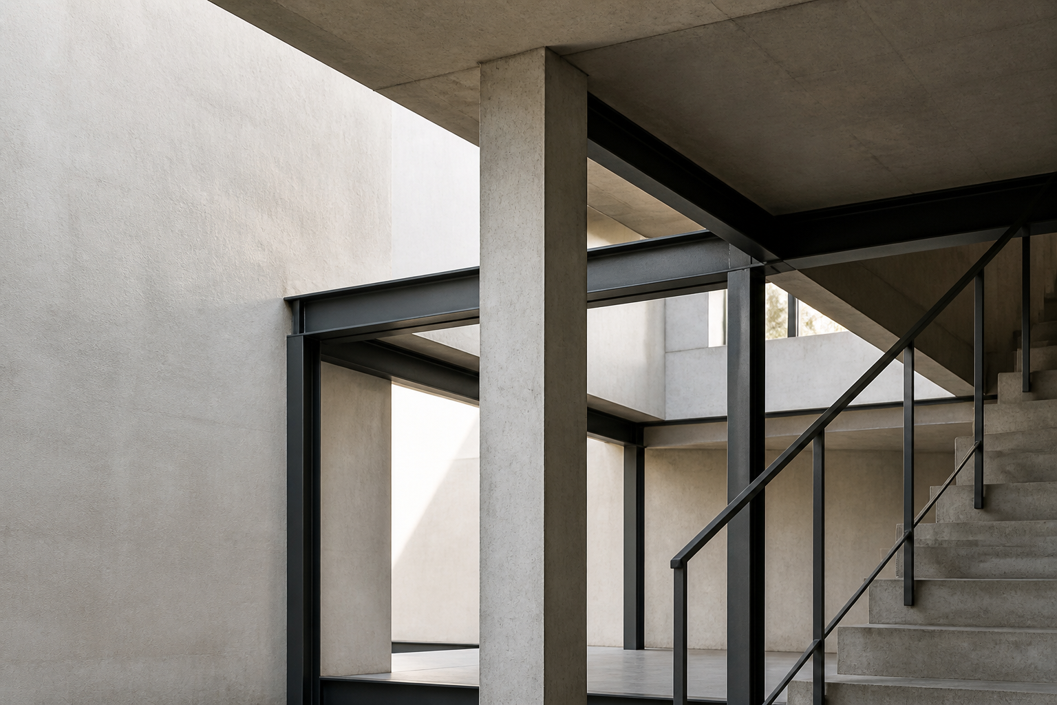 Béton, acier et pierre — texture de matériau, pas un chantier nominatif.